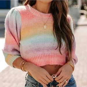 Vici Rainbow Cropped Knitted Pullover Sweater Women Pink Purple Size Small